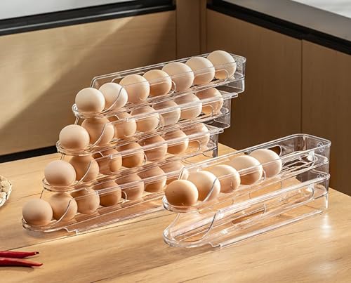 Egg Holder for Fridge,Stackable 1-4 Tiers Container,Auto Rolling Fridge Organizer for Refrigerator,Space-Saving Dispenser Holder,Refrigerator Egg Rack Transparent (4Packs)