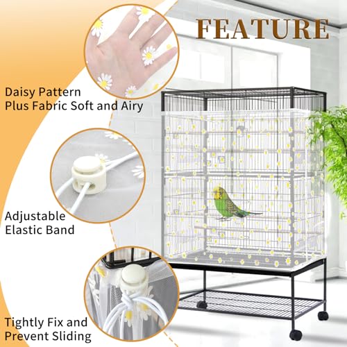Daoeny Bird Cage Seed Catcher, Large Bird Cage Cover, Adjustable Soft Airy Nylon Mesh Net, Birdcage Cover Skirt Seed Guard for Parrot Parakeet Macaw African Round Square Cages (White, Daisy Design) - color: White, Daisy Design