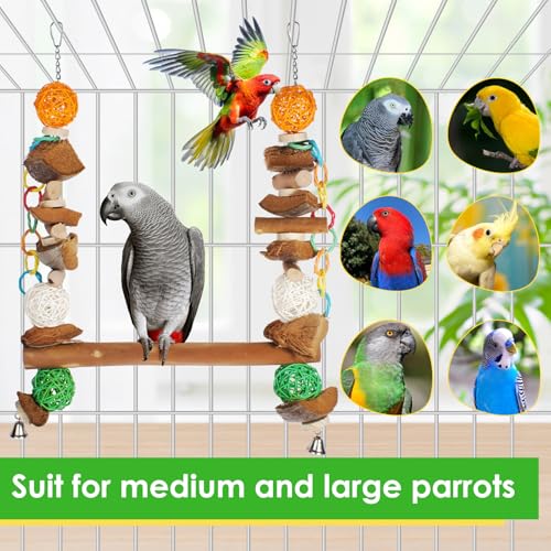3-in-1 Parrot Toys Natural Coconut Fiber Parrot Hammock (Swing + Perch + Chew Toy) Natural Bird Perches for Medium Large Birds - 23" Bird Toys for Parrots Stand - color: Bird Stand