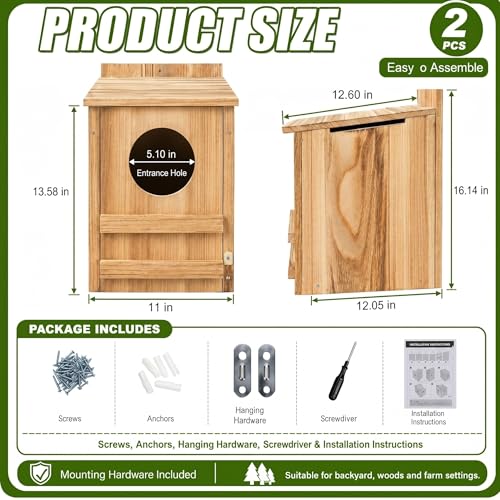 Novabright 2 Pcs Large Great Horned Owl House, 16" x 12" x 11" carbonized Weatherproof Wooden Nesting House for Screech Owls, Boreal, Northern Pygmy, Saw-whets, Elf, Flammulated and Others