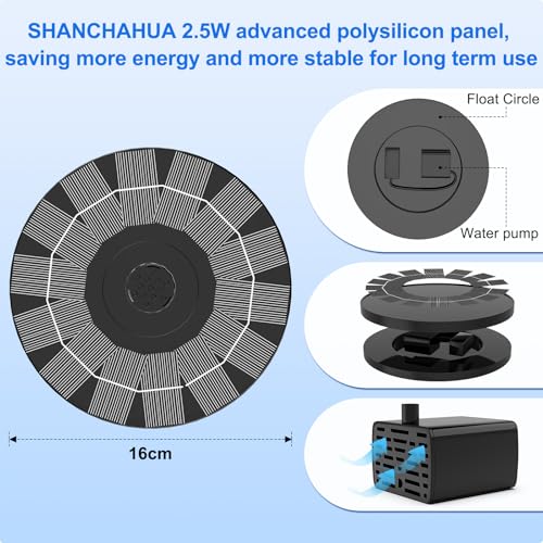 2.5W Solar Bird Bath Fountain Pump, Solar Fountains, Solar Powered Water Fountain with 6 Nozzles and Fixer for Bird Bath, Outdoors, Fish Tank, Pond, Pool and Garden - color: Black-2.5w