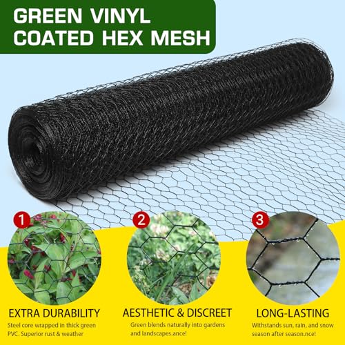 Premium Black Chicken Wire Fencing 12inx150ft, PVC Coated Chicken Wire, Poultry Netting, Galvanized Chicken Wire Barrier for Floral Arrangements/Craft Projects/Pet/Rabbit - color: Black, size: 12inx150ft