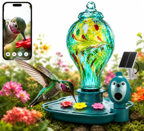 Hummingbird Feeder with Camera, Solar Powered 2K Smart Bird Feeder | AI Bird Recognition, Solar Powered, 2K Camera, Hand-Blown Glass Design, Leak-Proof, Bee Resistant, Easy to Clean