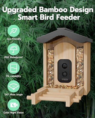 Bird Feeder with Camera, Smart Bird Feeder for Outdoors, Wild Birds Feeders with Solar Panel Bamboo Birds House Camera for Birdlovers, AI Auto Capture Birds & Real-time Notification (Gable)