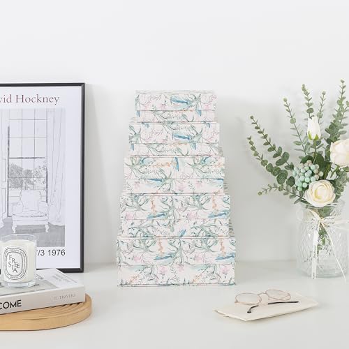 Soul & Lane - Floral Nesting Decorative Boxes with Magnetic Lids, Set of 5 | Cardboard Keepsake Storage Boxes with Magnet Closure, Large Memory and Gift Organizers for Photos and Home Decor - color: Meadow Mist