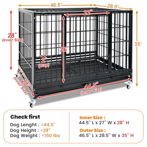 Homey Pet Heavy Duty Dog Crate for Large Dogs, Indestructible Kennel | 47 Inch Stackable Large Dog Cage with Lockable Wheels, Removable Tray & Grid, Multi Locks Strong & Solid Escape Proof - size: 46.5"L x 28.5"W x 35"H
