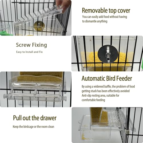Automatic No Mess Bird Feeder Water Dispenser Set | Acrylic Transparent Parakeet Cage Accessories Bird Feeder and Waterer in Cage for Small and Medium Cockatiel Finche Lovebird - color: Transparent + Green