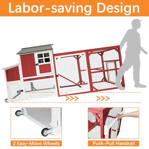 PetsCosset 95.3" Mobile Chicken Coop Tractor Hen House with Nesting Box,Backyard Chicken Coops Chicken House,2 Story Wooden Indoor Outdoor Poultry Cage for 3-5 Chicken with 6 Access,Pull-Out Tray(RED) - size: 95.3" L - Red