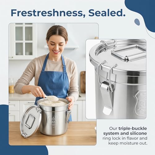 1.61Gal 304 Stainless Steel Airtight Canister,Metal Bucket Large Stainless Steel Canisters - Locking Clamp & Airtight Lids - Dog Food/Bird Seed/Coffee Storage Container - color: 1.61 GAL
