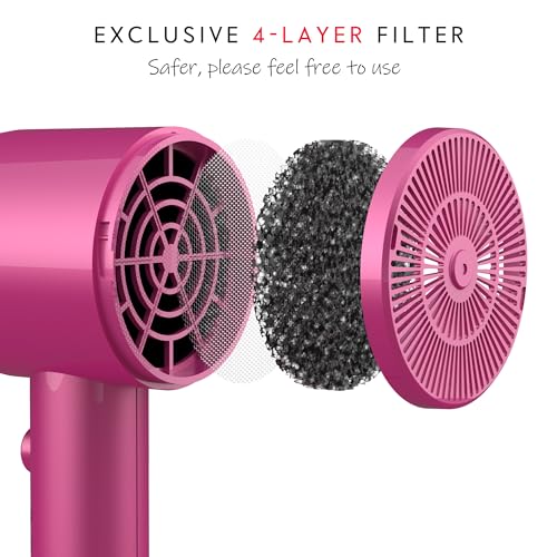 AINA Hair Dryer with Diffuser,Comb Full-Featured Blow Dryer 110V(Neon Pink) | 3 Heat/2 Speed;Cold shut button;Lightweight;Compact Size;High Temp;Low Airflow;Same Results;Less Expense - color: Neon Pink, size: 4 Piece