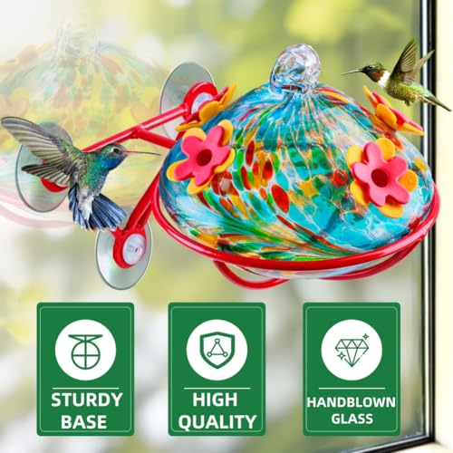 Window Hummingbird Feeder - Hand Blown Glass Mounted Hummingbird Feeder with Strong Suction Cups for Outdoor Window Mount (Blue) - color: Blue
