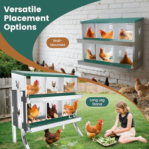 6 Compartment Chicken Nesting Box with Elevated Metal Legs Heavy | Protect Eggs Under Lid; Support Poultry Nesting; Slide Tray For Cleaning; Improve Nest Cleanliness; Metal Poultry Nest Box - color: Green&Silver