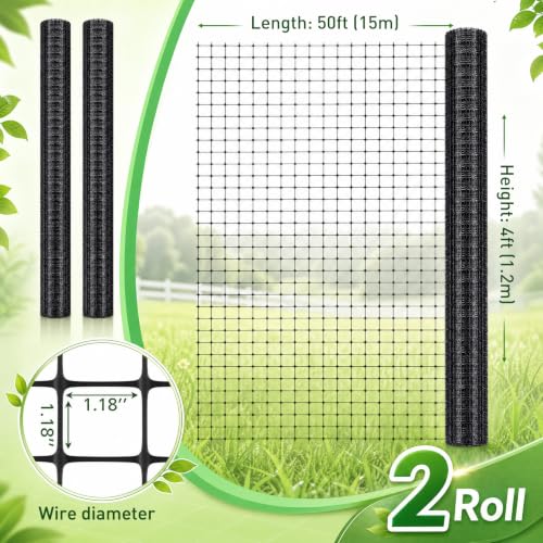 Windyun 2 Roll Plastic Mesh Fence, Black Safety Temporary Garden Fencing Animal Barrier Netting for Animal Deer Rabbit Chicken Dog Poultry Construction Snow Fence Patio(50 ft) - size: 50 ft