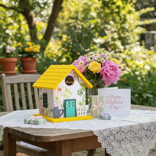 CEDAR ALPHA Spring Melody Bluebird House, Composite Material Nesting Box, Hanging Birdhouse for Blue Bird,Sparrow, Chickadee, Birdhouse for Outside, 5 Years Weatherable Bird Box on Post for Pole (A) - color: Yellow