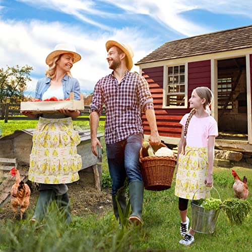 Egg Apron for Kid and Adult, Deep Pockets with Elastic Closure | Long Ties to Wrap Around and Tie In Front, Yellow Chick Printed, Egg Collect Gather Hold Apron - color: Yellow for Adult