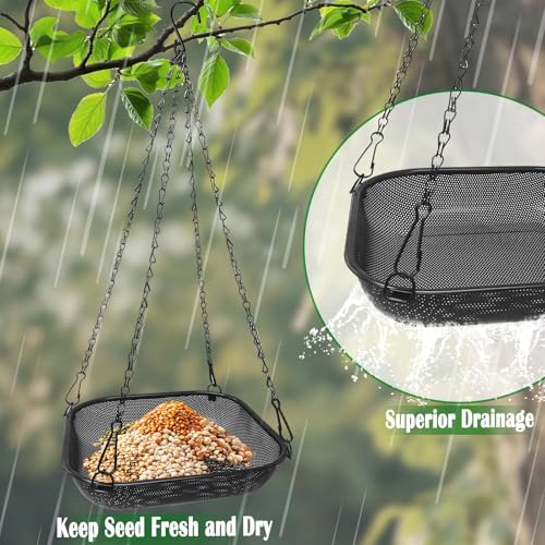 Hanging Platform Bird Feeder, 11 in Square, Black | Stainless Steel Mesh Seed Tray, Backyard & Patio, Outdoor Use - color: Black - Square