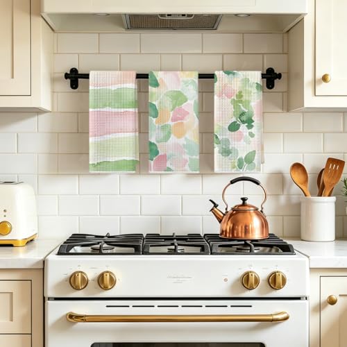 3 Pcs Pink Green Stripe Kitchen Towels, Watercolor Flower Leave Dish Towels | Flower Absorbent Microfiber Waffle Hand Towels for Farmhouse Home Bathroom, Housewarming Gifts - color: Multi 1401