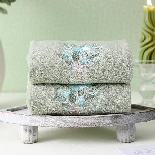 SmoothNovelty 2 Pcs Eucalyptus Hand Towels for Bathroom Decor 14x29 Inch | Embroidered Bathroom Hand Towels, 100% Cotton, Soft Absorbent, Sage Green Bathroom Kitchen Decor - style: Eucalyptus