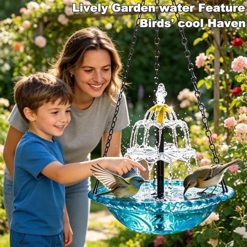 Hanging Solar Bird Bath Fountain,3 Layers Hanging Bird Bath for Outside with Solar Fountain,Flowing Water Large Humming Birds Baths Fountains with Solar Pump & Plastic Bowl, for Outdoor, Gardens(Blue)