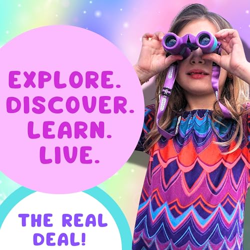 Kids Binoculars Ages 3-12, 8x21 Compact Shockproof Pink | bird watching, camping, hiking, stargazing, includes carry case, neck strap, compass, carabiner, high resolution optics - color: Pink/Blue