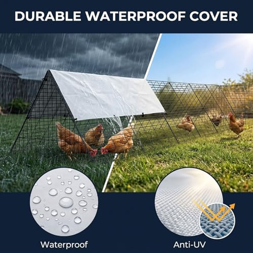 Heavy Duty Chicken Run Tunnel for Yard & Outdoor, Foldable Metal Poultry Run with Waterproof Cover, Easy to Setup Portable Coop for Chickens, Ducks, Rabbits & Geese