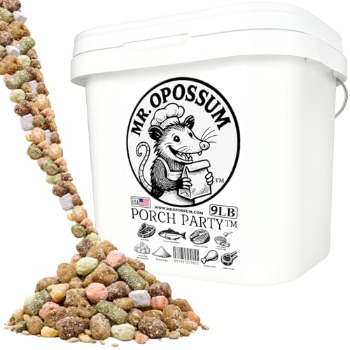 Porch Party Mix™ Raccoon and Opossum Food Wildlife Treat Blend for Backyard Feeding with Marshmallows Beef Chicken Lamb Ocean Fish and Peanut Butter Puffs (9 lb Pail) - size: 9 Pound (Pack of 1)