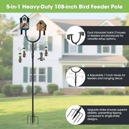 Bird Feeder Pole,Adjustable 47"-108" Heavy Duty Bird House Pole,Upgraded U-Shape Platform,4 Shepherd Hooks for Outdoor Garden & Yard - style: No Squirrel Proof & Tray