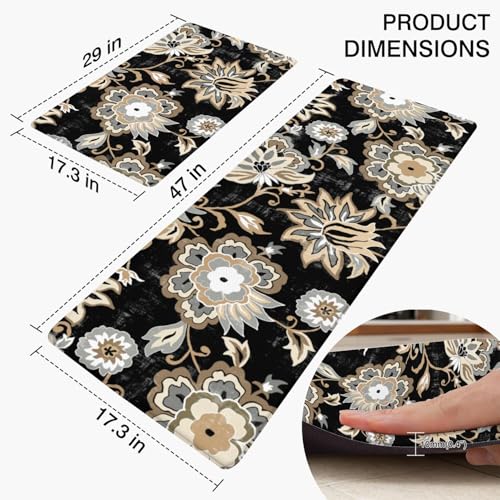 Boho Floral Anti Fatigue Kitchen Rugs, 17.3"x47"+17.3"x29" | Non Slip Comfort Washable Waterproof Black Paisley Farmhouse Bohemian Decor Mat for Floor, Set of 2 for Home, Sink, Laundry - color: Black Paisley Floral