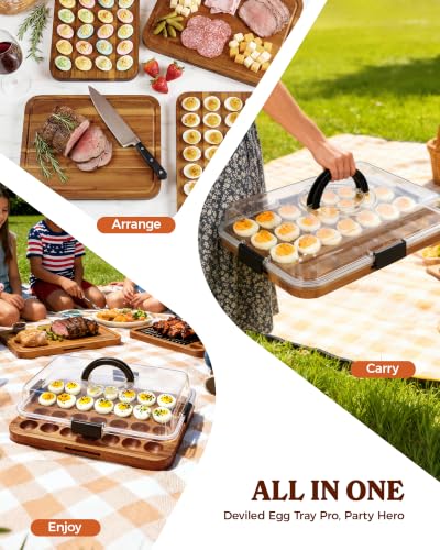 Deviled Egg Containers with Lid, 2-in-1 Acacia Wooden Deviled Egg Platter & Charcuterie Board, Portable Egg Platter With lid for Party, Home Kitchen Gift for Women - color: Black