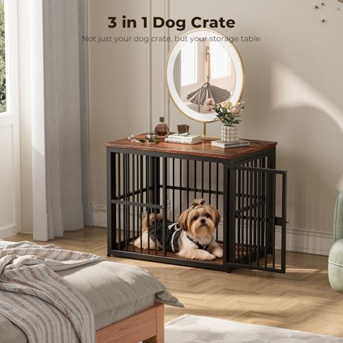 Lyromix 33'' Dog Crate Furniture with 3 Doors for Small to Medium Dogs | Wooden Kennel End Table, Heavy Duty Indoor Cage for French Bulldog, Beagle, Multiple Units Can be Combined, Rustic Brown - color: Brown, size: M(33.07''×22.05''×25.98'')