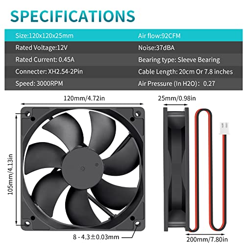 Wathai 120mm 12V 0.45A 2Pin DC Brushless Cooling Fan 12 Volt 120x120x25mm | High CFM 5 inch Exhaust Fan Motor, 3000 RPM DIY 2-Wire Replacement - style: 12V 2Pin 3000RPM