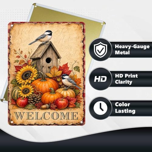 Thanksgiving Birdhouse Chickadee Sunflower Pumpkin Tin Sign Vintage Fall Wall Decor for Kitchen Dining Room Living Room Porch Entryway and Farmhouse Home Decor 16 * 12In - color: Vintage Thanksgiving Tin Sign 13, size: 30X40cm(12*16in)