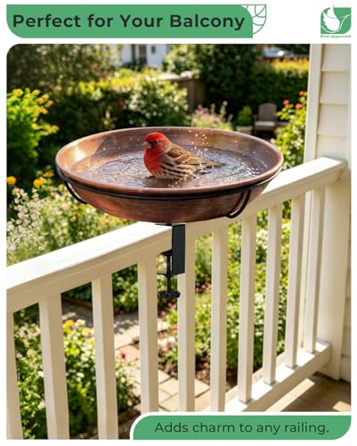 Deck Mounted Bird Bath with Adjustable Clamp, Removable Metal Bowl | 0.7 Gal Capacity, Easy Clean, Balcony Deck Use, Stable Railing Mount