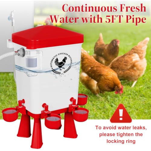 2 Pack 3 Gallon Automatic Chicken Waterer with Float Valve, Poultry Waterer with 10 Chicken Water Cups, 5 FT Water Pipe, Chicken Water Feeder for Coop, Ducks, Hens, Farm, Backyard(Red) - color: Red, size: Auto-2pcs