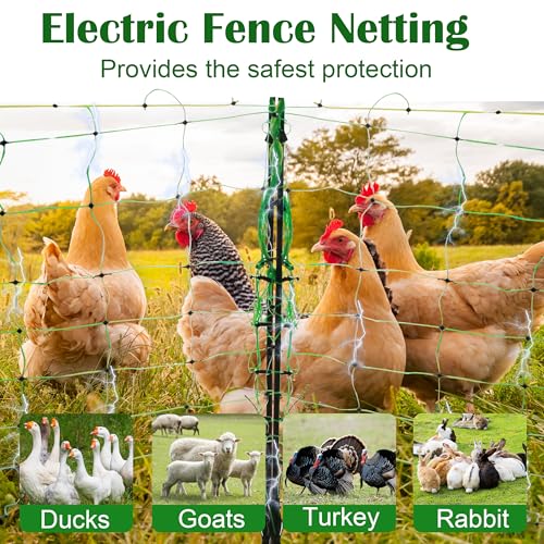 35.5"x164' Electric Fence Netting for Garden Goats Chicken | Electric Poultry Netting with Fiberglass Posts and Double-Spiked Stakes, Portable Mesh Fence for Backyards, Farms and Ranches