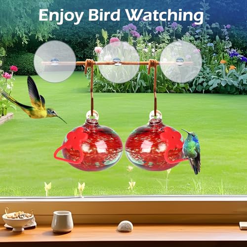 Pozfun Set of 2 Hummingbird Feeders for Outdoors Hanging,Hand-Blown Glass Hummingbird Feeder with Silicone Feeding Perch,Never Leak,Gardening Gifts for Woman Man - color: Phoenix Tail Red