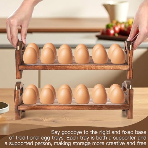 4-Tier Wooden Egg Holder Countertop, Egg Holder for Fresh Eggs, Farmhouse Kitchen Egg Tray Rack Holds 48, Firewood Stackable Egg Storage Basket with Carry Handle for Kitchen Refrigerator Counter