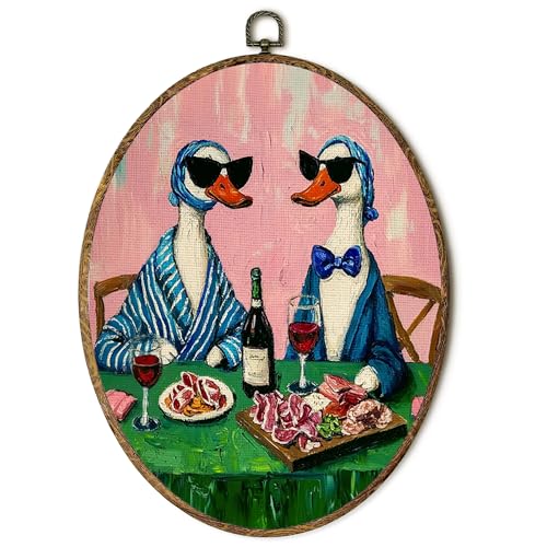 EGVQK Vintage Funny Ducks Oval Wall Art, Whimsical Goose Wine Dinner Party Framed Canvas Prints Wall Art, Retro Quirky Duck Oval Canvas Hanging Decor for Kitchen Bar Dining Room Decorations,8.5x11.5in - color: animal_15