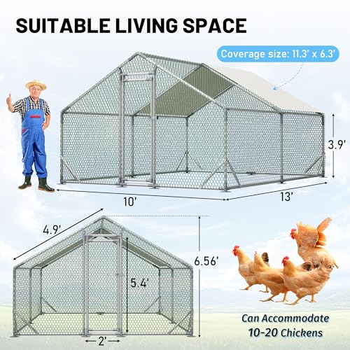 Metal Chicken Coop 13x10x6.56ft Large Walk-in Poultry Cage for 10-20 Chickens Chicken Run Hen Rabbit Duck House with Waterproof Cover for Outdoor Farm Use - size: 156.0"L x 120.0"W x 78.7"H