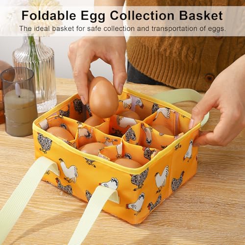 Removable Egg Collecting Basket, Foldable Canvas Egg Holder | Egg Basket for Gathering Fresh Eggs with 9 Pouches, Collector Egg for Chicken, Duck, Goose (Yellow-flowered Chicken) - style: Yellow-flowered Chicken
