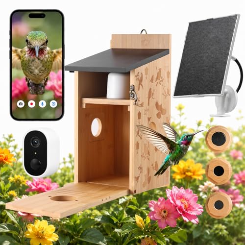 Smart Bird House with Camera – Bamboo Carving, AI Bird Recognition,IP66 Waterproof, Two-Way Audio, App Control,4MP Full-Color Night Vision,Solar-Powered,Cloud & SD Storage (Solar Birdhouse) - color: Woodland Oak, size: Solar Edition