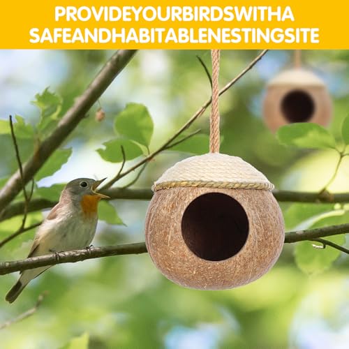 3 Pcs Natural Coconut Bird Hide Nest Hut for Cage with Woven Straw Bird Parakeet Coconut Fiber Hanging Birdhouse Cage Habitats Decor for Parrot Cockatiel Lovebird Finch Squirrel Hamster