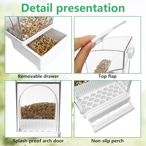 Hamiledyi 2Pcs Automatic Birds Feeder No Mess Bird Cage Feeder Transparent Acrylic Parrot Seed Food Container with Perch Bird Cage Accessories for Parakeet Finch Lovebirds Budgies Canary (White) - color: White Feeder - 2 PCS