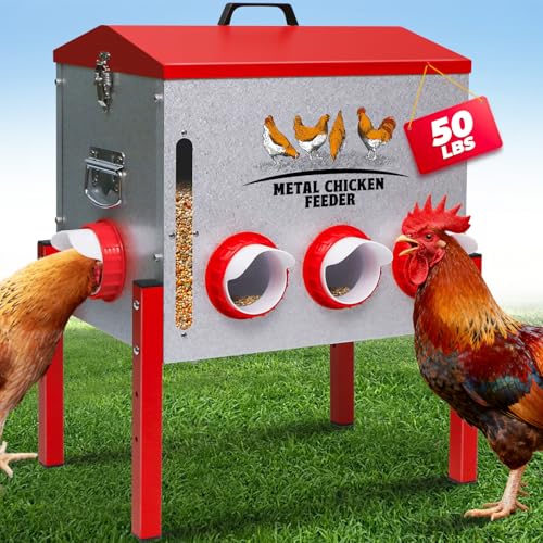 Automatic Chicken Feeder 50LBS Large Capacity, 8 Anti-Waste Ports Metal Poultry Feeder with Height Adjustable Stand, Waterproof Rodent Proof Feed Box with Lid Viewing Window for Hens Ducks Geese - size: 50LBS