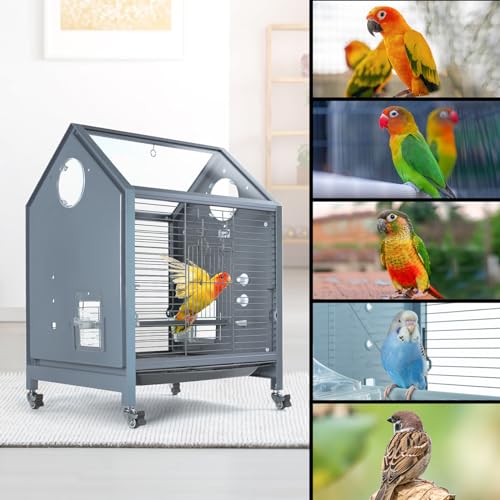 Acrylic Bird Cage, 25 inch Medium Parrot Cage for Parakeet Cockatiel Conure Lovebird, Panoramic View Bird Cage with Water Bottle Bird Feeder Perch Rolling Stand