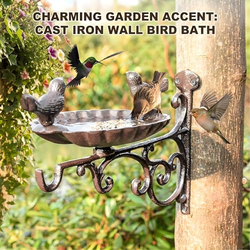 Cast Iron Bird Bath Feeder, Wall Mounted Bird Bath, Black Metal Garden Planter Hanger with Hanging Bracket, Wall Hook for Lanterns, Wind Chimes and More Garden Decorative Items