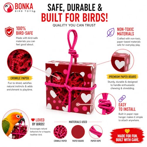 Bonka Bird Toys 2764 Valentine Heart Box Forager 8" x 5" Shreddable Paper and Rope Valentine Treat Toy for Small and Medium Birds Mental Enrichment and Cage Activity Conure Cockatiels and Similar