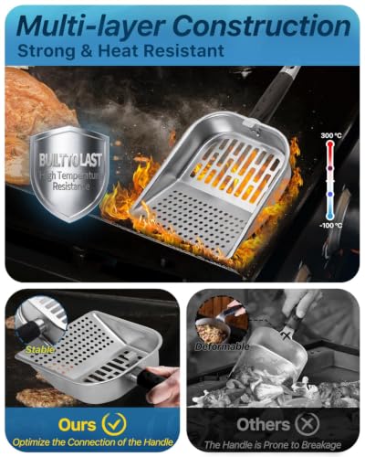 Griddle Scoop for Blackstone with a Any-Edge Hook, Stainless Steel Griddle Portable Food Mover for Stir Fry and Move Food, Sifting Grill Shovel - color: Sifting Scoop, size: 1 Pack