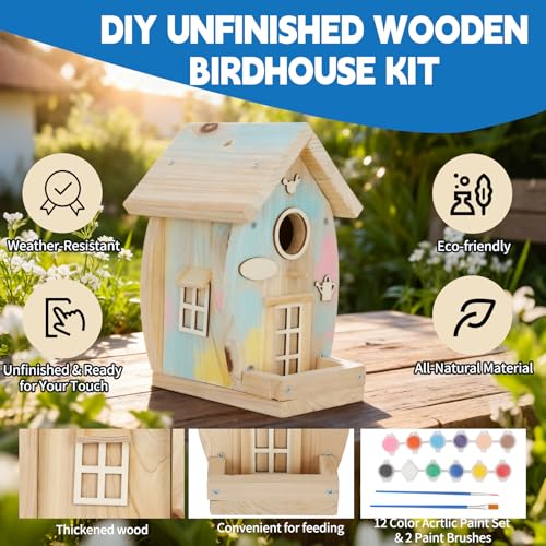 DIY Birdhouse Kit for Adults - Wooden Craft House to Build and Paint, Complete Set with Brushes, Non-Toxic Paint, Sandpaper & Glue, Creative Garden Yard Patio Decor Gift Idea