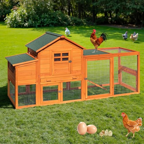 Large Chicken Coop Outdoor Durable Duck House Poultry Pet Hutch & 2 Wood Eggs Run Cage Nesting Box Waterproof Asphalt Roof Ramp Removable Tray Wire Fence for Backyard Small Animal (Orange)